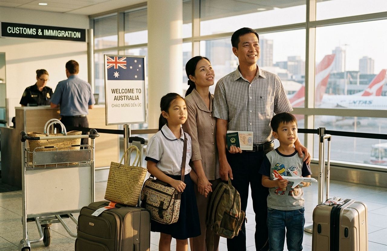 A family arriving to begin their new life in Australia